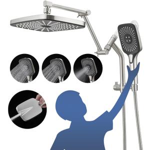 12" High Pressure Rain/Rainfall Shower Heads With Handheld Spray Combo (3+1 Settings & Built-in Power Wash Mode), Double/Dual Shower Head With Handheld - Height/Angle Adjustable(Brushed Nickel)
