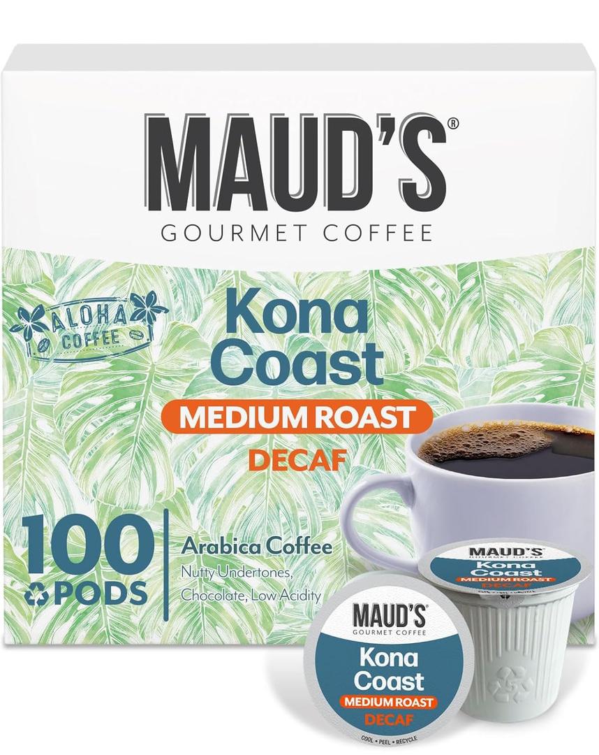 Maud's Decaf Kona Coffee Pods,100 ct, Decaffeinated Medium Roast Coffee in Recyclable Single Serve Pods  100% Arabica Coffee, Compatible with Keurig K Cups Maker