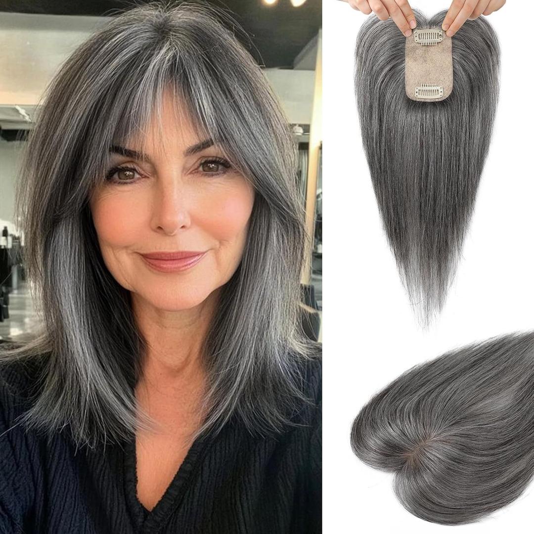 Flufymooz Real Human Hair Toppers for women, 10 Inch Clip in Bangs 100 Human Hair Toppers for Thinning Hair, Cover Hairpiece with 150% Density Silk Base-Silver Gray With Brown Mixed, Silver Gray With Brown Mixed