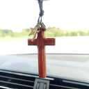 2 x Vintage Wooden Cross Rear View Mirror Accessories, Big Size Cross Car Mirror Charms Safe for Windshields, Cute Car Accessories Hanging Ornament Universal Automotive Interior Decor