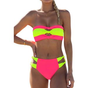 WODECASA Women's Neon Color Block Bikini Set Bandeau Knotted Cutout Sexy 2 Piece Swimsuit Bathing Suit (Small, 192 Hot Pink + Neon Yellow)