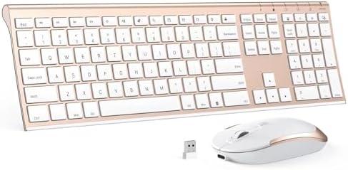 Wireless Keyboard and Mouse Combo, 2.4GHz Ultra-Slim Aluminum Rechargeable Keyboard with Whisper-Quiet Mouse for Windows, Laptop, PC, Desktop - White Gold