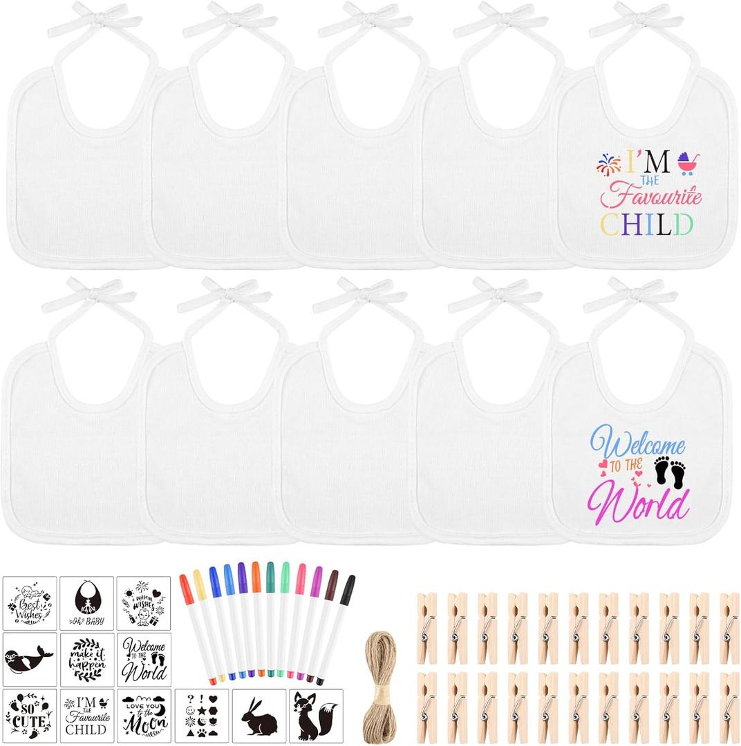 BOUBONI 55 Pcs DIY Baby Bibs Decorating Set Includes 10 White Bibs, 12 Fabric Markers, 12 Stencils, 20 Clothespins, 1 Hemp Rope for Baby Shower Games Boys Girls,  A01-White-55