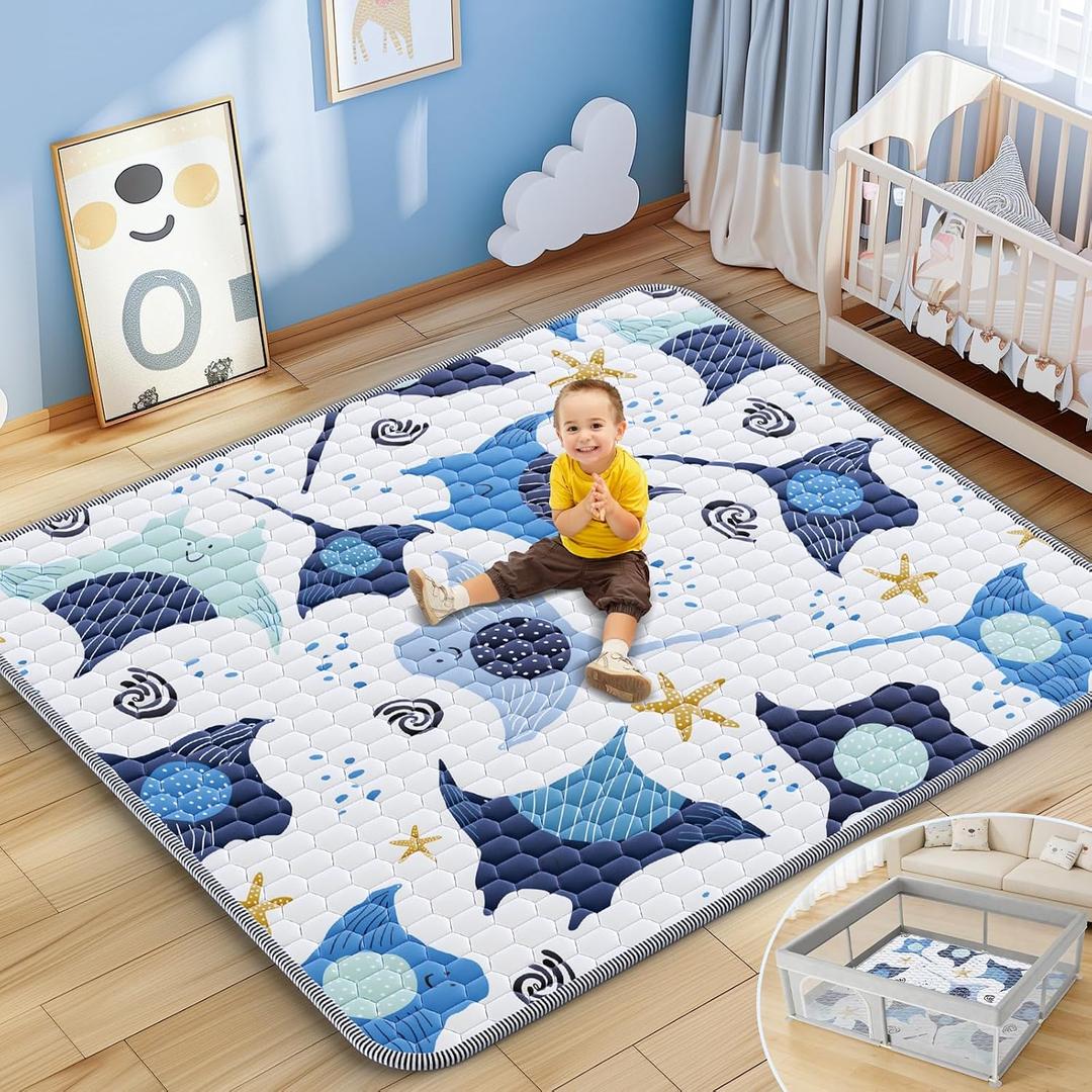 omzer Baby Play Mat 71x59 Inch Thick & Soft Cushioned Playmat for Playpen | Non-toxic Fabric, Non-Slip Silicone Backing, Machine Washable, Fresh & Cute Ocean Designs, Mat for Infants, Babies, Toddlers