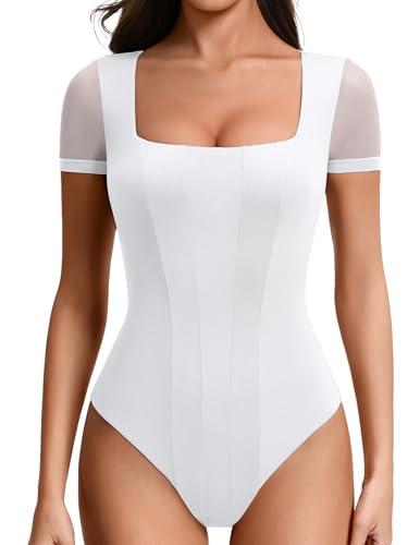 Avidlove Women's White Bodysuits Mesh Short Sleeve Body Suit Sexy Square Neck Summer Trendy Leotard Tops, XXL