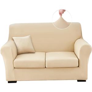 Stretch Sofa Cover Couch Covers, 4-Piece Loveseat Slipcovers with 2 Separate Cushion Cover & 1 Pillow Case, Washable Soft Spandex Furniture Protector for Living Room(Loveseat, Beige)