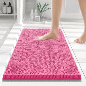 Smiry Luxury Chenille Bathroom Rugs 24x16, Extra Soft and Absorbent Shaggy Bath Mat, Machine Washable, Non-Slip Plush Carpet Runner for Tub, Shower, and Floor, Home Decor Accessories, Hot Pink