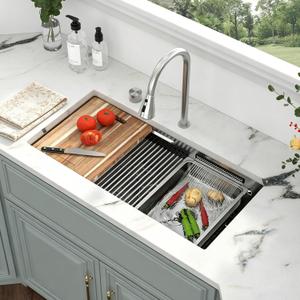 Kichae 33 Undermount Waterfall Kitchen Sink - Undermount Sink 33"x17" Ledge Workstation 16 Gauge Stainless Steel Deep Single Bowl Under Counter Handmade Basin with Faucet Combo & Wash Basin, 33"x17"x9"