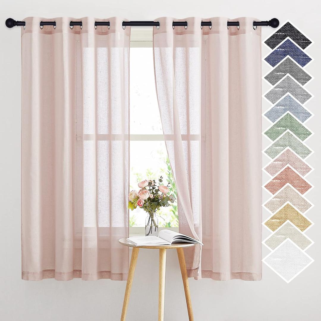 NICETOWN Linen Blend Semi Sheer Curtains 63" L for Nursery, Decorative Grommet Flax Texture Semitransparent Casual Window Treatment Privacy Protect for Flat/Apartment, 52" W, 2 PCs, Dusty Blush