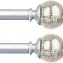 KAMANINA 2 Pack Curtain Rods for Windows 48 to 84 Inches, Silver Decorative Curtain Rod 32 to 86 inch(2.6-7.1ft), 7/8 inch Single Drapery Rods with Crackle Glass Finials