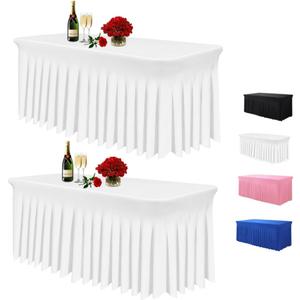 Albassa Table Skirts for Rectangle Tables 6ft, Spandex Table Covers for 6 Foot Tables, Wrinkle Resistant Ruffles Elastic Table Cloths for Banquets, Weddings, Parties (White, 6ft, Pack of 2)