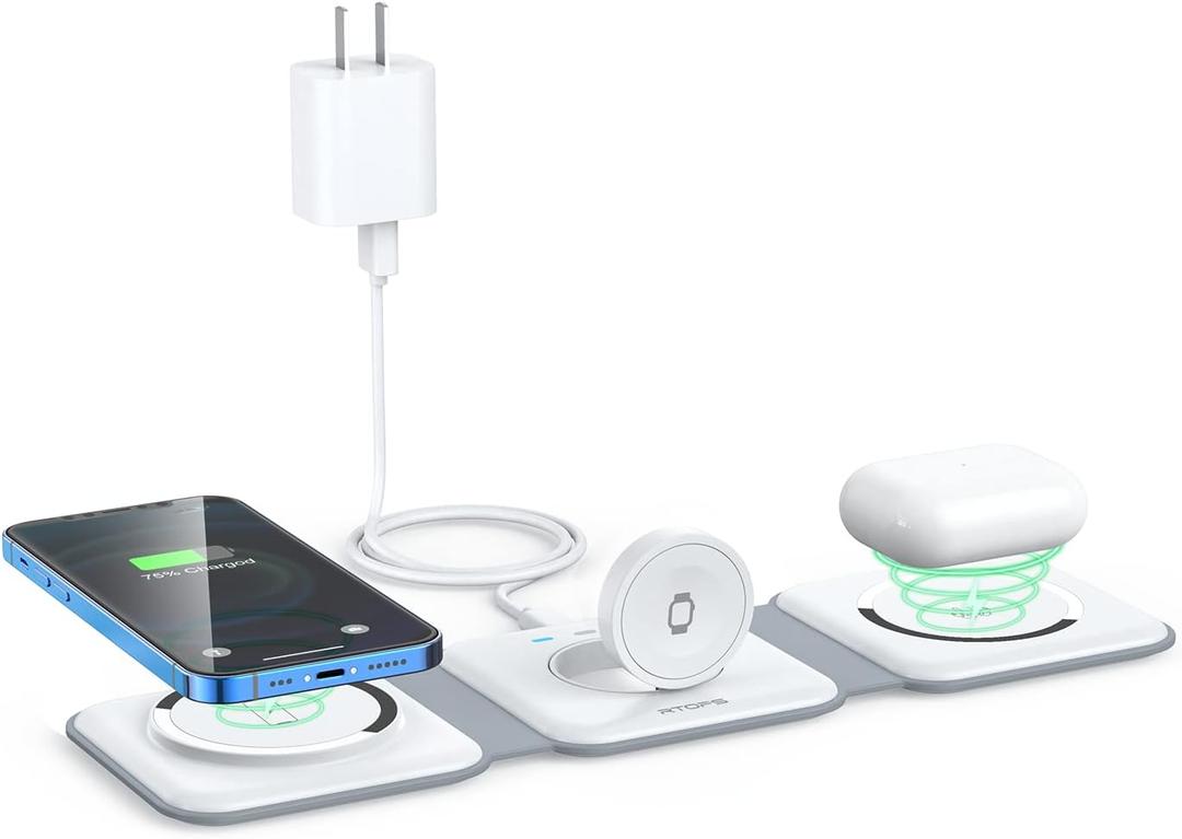 Wireless Charger 3 in 1,RTOPS Magnetic Travel Wireless Charging Station Multiple Devices,GaN 3 in 1 Charging Station,Compatible for iPhone16/15/14/13/Pro/Max,iWatch,AirPods4/3/2/Pro(Adapter Includes) (white)