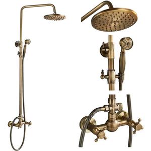 NeierThodore Antique Brass Bathroom Shower Faucet System Set 8 Inch Rainfall Shower Head Handheld Spray 2 Knobs Mixing