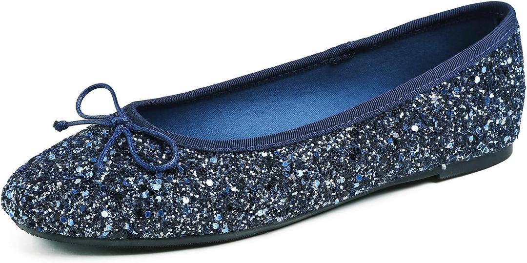 FEVERSOLE Women's Bling Soft Cushioned Comfort Flats Sparkle Party Ballets (7, Glitter Night Blue)