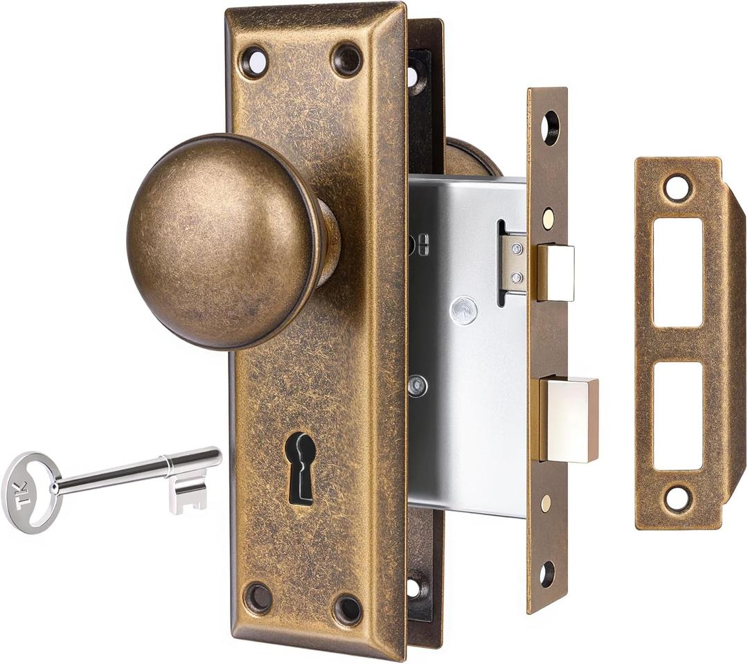 Mortise Lock Set for Interior Door, Vintage Door Knobs with Lock and Skeleton Key, Antique Brass Door Knobs for Old Style Doors