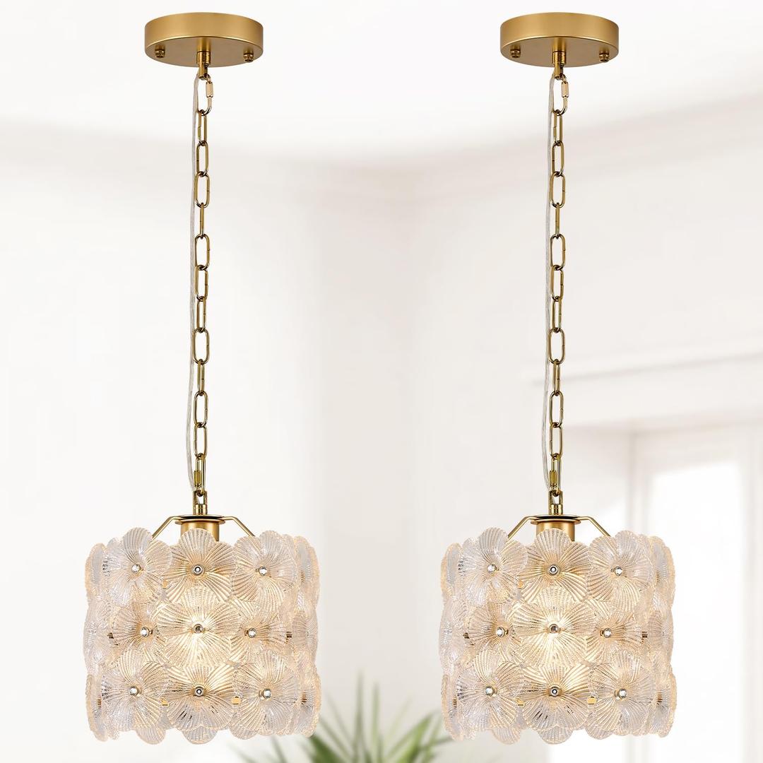 2-Pack Gold Glass Pendant Light Modern 1-Light Flower Small Ceiling Pendant Lighting for Kitchen Island Sink Dining Room Bedroom Entryway Hallway, E26