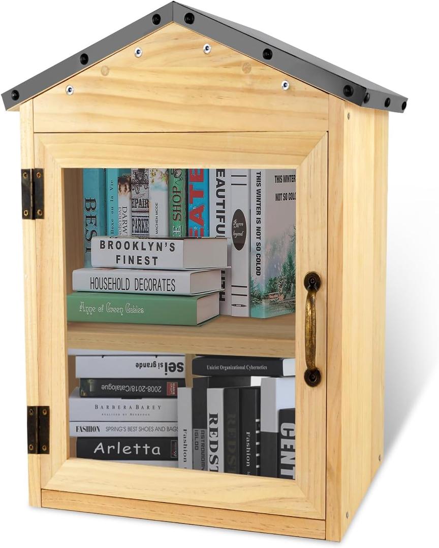 Outdoor Library Box Literature Exchange Box Outdoor Book Storage Little Wood Cabinet for DIY, Neighborhoods Community and Schools Sharing Books, Literature and Newspapers(B) (16*14*25)