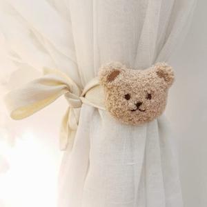 2 Pack Cute Curtain Tiebacks Cartoon Bears Embroidered Animal Shape Bedroom Accessories (Beige)
