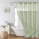 Sage Green Farmhouse No Hook Shower Curtain Set with Snap-in Fabric Liner,Boho Heavy-Duty Linen Textured Rustic Striped Design,Water-Repellent with Tassels and Sheer Window,71x74