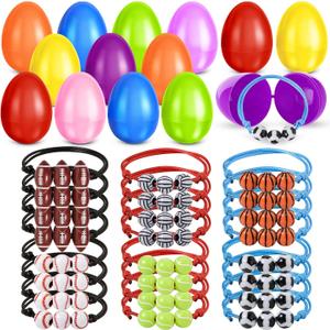 24 Pcs Easter Eggs Filled with Sports Ball Bracelets, Adjustable Sports Bracelets Toys for Toddler Easter Basket Stuffers Egg Hunt, Easter Party Favors Classroom Prizes for Kids Boys