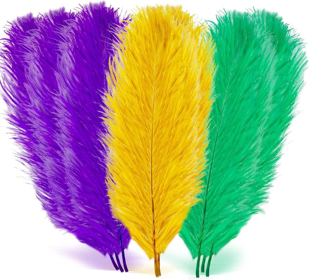 18 Pcs Mardi Gras Feathers for Crafts 10-12 Inches Natural Green Gold Purple Feathers Bulk for DIY Craft Carnival Costume Mardi Gras Party Decorations(Pure Gold, Purple, Green)