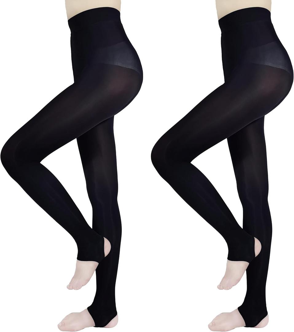 2-Pack Slightly Transparent Tights for girls & women, High Elasticity Sheen Glossy Pantyhose, Anti-Snag Stretchy, Versatile for Work Sports Dance Casual Daily Wear XL-Black-Stirrup (Black)