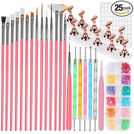 vivinin 25PCS Nail Art Tools Set, Includes Nail Art Brushes, Nail Stand, Dotting Tools, Striping Liner Fingernail Drawing Pens, Jelly Glue, tweezers, Sequins, Professional Nail Art Supplies Kit