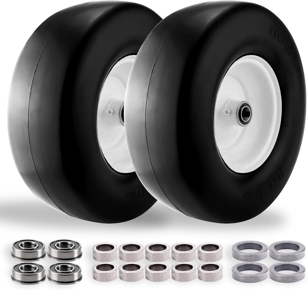 13x5.00-6 Flat Free Tire and Wheel for Zero Turn Lawn Mower,Commercial Grade Lawn - 13x5.00-6 Smooth Solid Front Tire Assembly with 3/4" & Extra 5/8" Bushings,3.25" Centered Hub - 2 pcs
