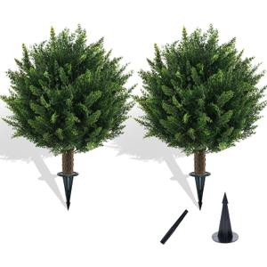 Chillchard 21" Artificial Cypress Topiary Outdoor Plants with Spike, 2 Pack Faux Cedar Bushes UV Resistant Fake Shrubs for Front Porch Dcor