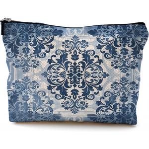 Chinoiserie Vintage Floral Makeup Bag, Blue and White Cosmetic Bags for Women, Classical Baroque Rococo Tiles Floral Zipper Makeup Pouch