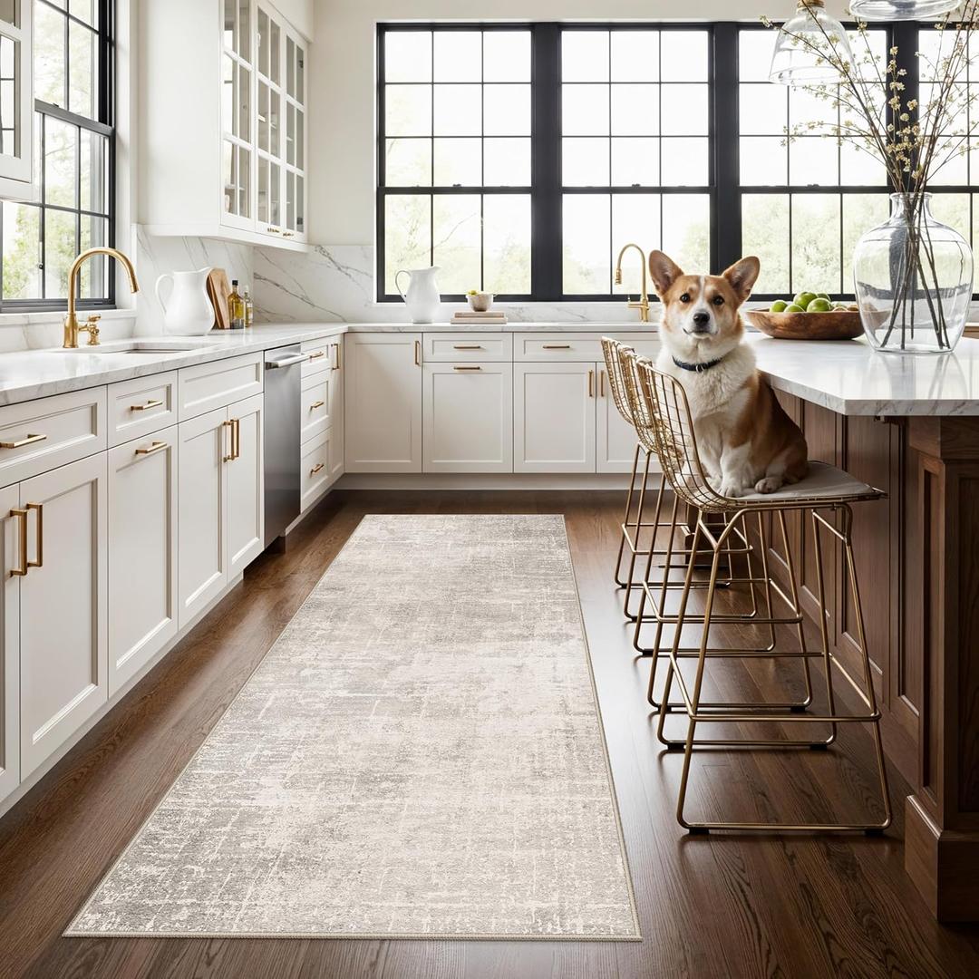 3x7 Washable Hallway Runner Rug: Abstract Stain Resistant Kitchen Rug Farmhouse Ultra Soft Bathroom Bedroom Entryway Printed Floor Mat Thin Non-Slip Carpet for Living Room Laudry(3x7,Beige/Cream)