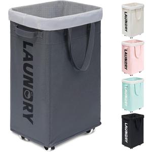 Goodpick Laundry Basket with Wheels, 75L Laundry Hamper, Dorm Room Essentials with Removable Wash Bag for Laundry Room, Rolling Laundry Basket with Handles, Grey (Grey 1-Pack)