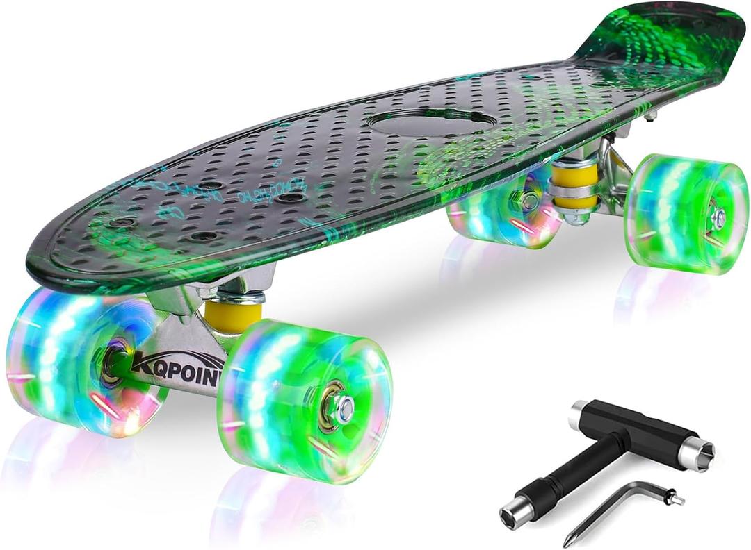 Skateboards, 22" Complete Skateboard, Mini Cruiser Skateboard for Kids Boys Girls Teens Beginners with Colorful Flashing Wheels Skate Tool, Kids Children's Day Gift (Aurora green)