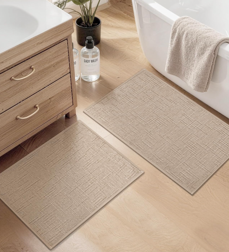 YIHOUSE Bathroom Rug Set 2 Piece Beige, Non Slip Bath Mats Sets of 2 Quick Dry, Absorbent Washable Thin Bathroom Rugs Fit Under Door for Elder, Sink, Laundry