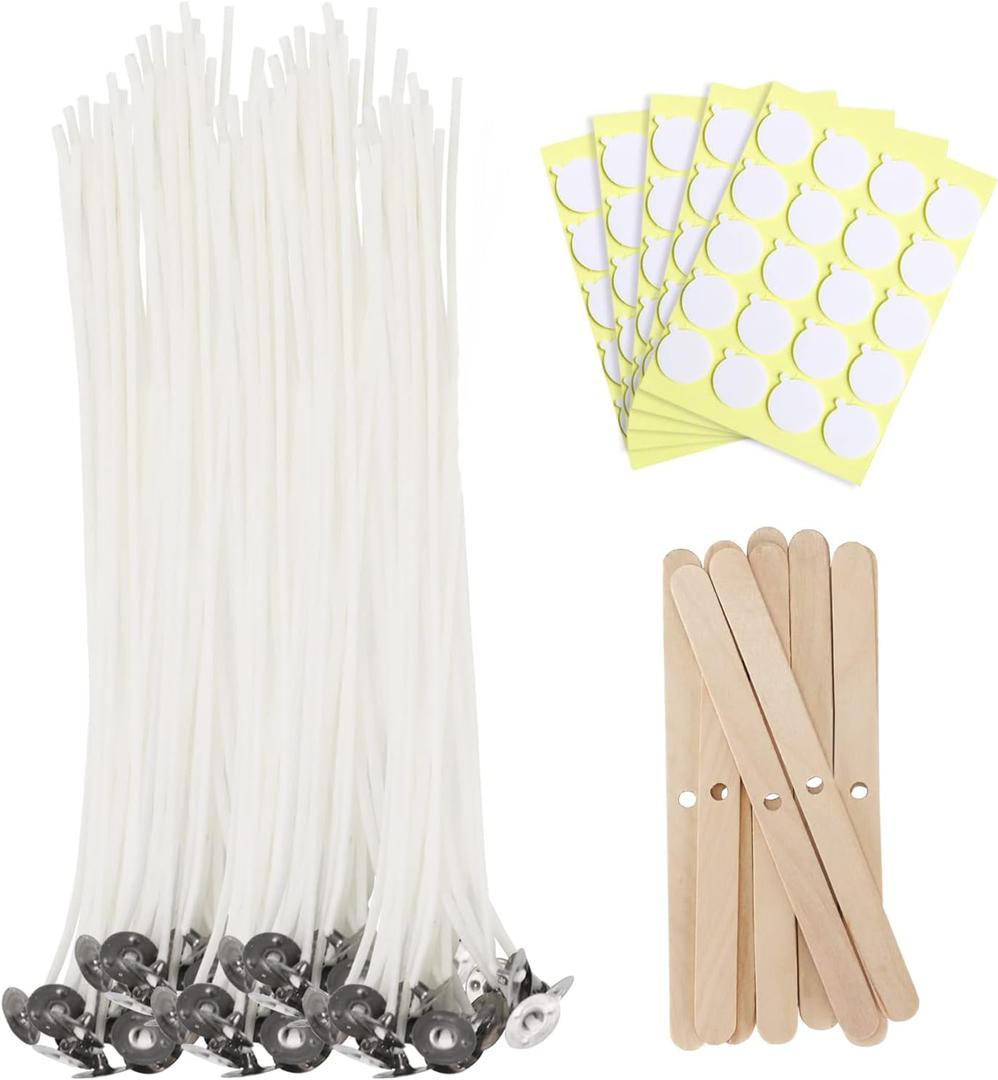 100 Pcs Cotton Candle Wicks (10 Inches) with 100 Pcs Wick Stickers and 10 Pcs Wooden Candle Wick Holders, Candle Wicks for Soy Wax, Beeswax, Coconut Wax