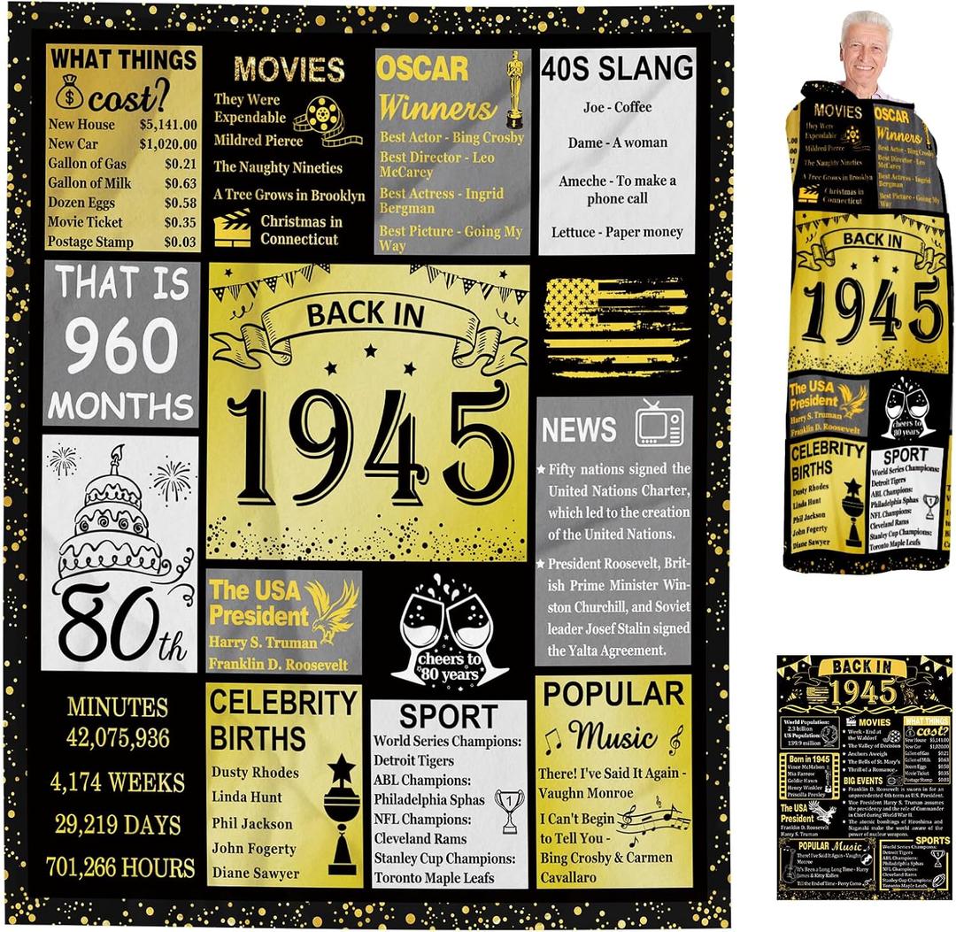 Asija 80 Year Old Birthday Gifts Men Women, Back in 1945 Birthday Blanket Gifts for Him, Best Blanket Presents for 80th Men, 1945 Birthday Blanket Presents 60"x50"