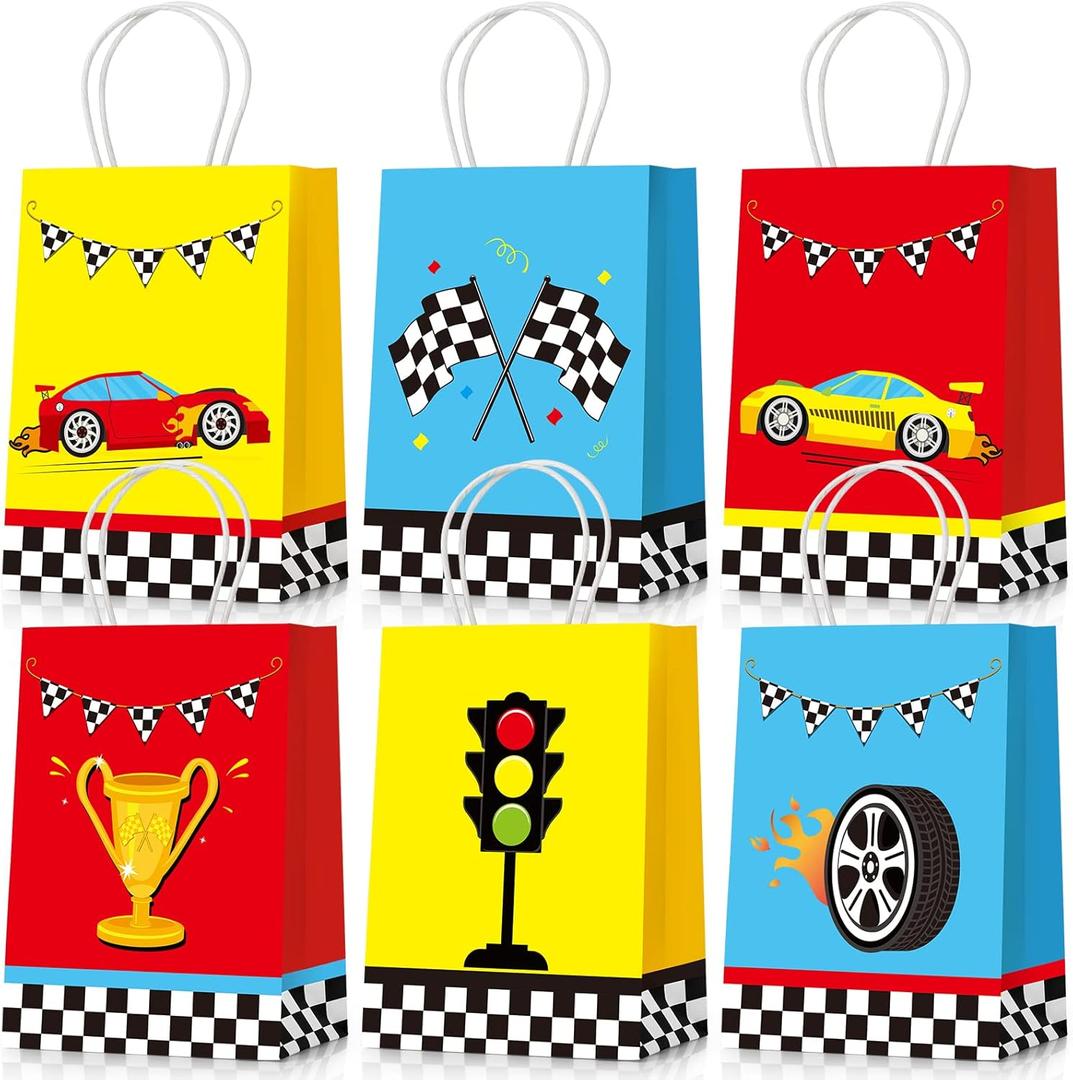 Nezyo 24 Pieces Race Car Party Favor Bags Car Birthday Party Supplies Goodie Gift Treat Bags with Handles for Checkered Flag Race Theme Two Fast Birthday Decorations Boy Gifts (24 Count (Pack of 1))