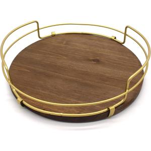 CVHOMEDECO. Decorative Tray with Golden Handle Round Wood Serving Tray with Metal Handles for Breakfast in Bed, Lunch, Dinner, Appetizers, Kitchen, Ottoman, Coffee Table, BBQ and Party