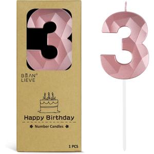 BEAN LIEVE 2.76 Inch Rose Gold Number Candles 3 - Diamond Birthday Cake Candles with Metallic Finish for Party, Anniversary, Graduation Decorations.