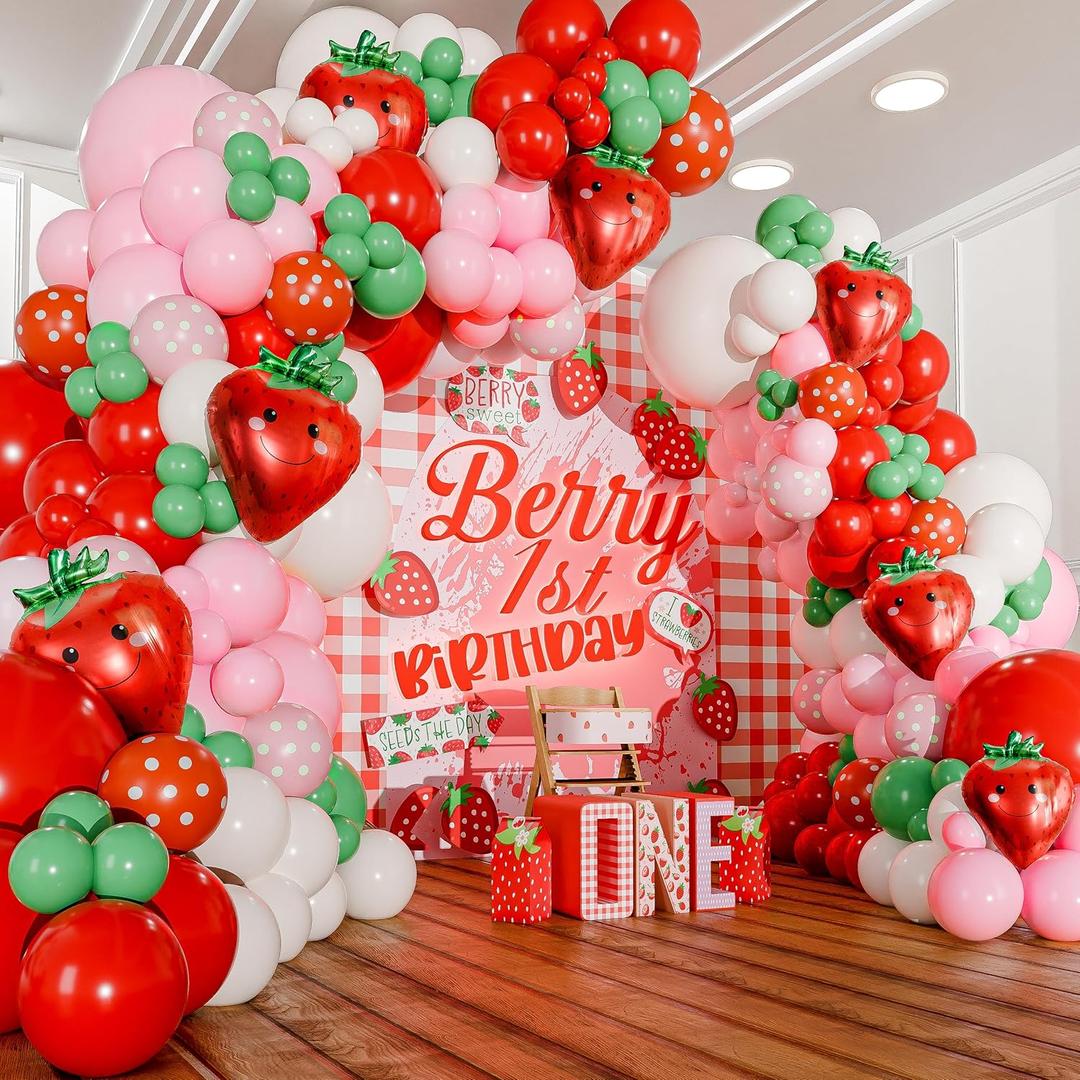 ALL-IN-1 Strawberry Balloon Arch Kit & Garland with BONUS Strawberry  Small and Large Red Pink Green Strawberry Balloons  Strawberry Shortcake Party Decorations Supplies for Birthday & Baby Shower