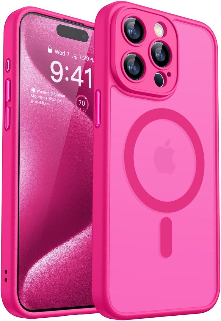 CANSHN Magnetic Compatible with iPhone 15 Pro Case, Upgraded [Full Camera Protection] [Compatible with Magsafe] [Translucent Matte] Shockproof Protective Phone Case Cover 6.1 Inch - Hot Pink