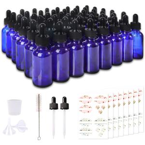 48 Pack 1oz Cobalt Blue Glass Bottles with Glass Eye Droppers for Essential Oils, Perfumes & Lab Chemicals (Brush, Funnels, 2 Extra Droppers, 54 Pieces Labels & 30ml Measuring Cup Included)