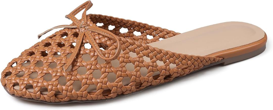 Synchoiss Woven Flat Sandals for Women Slip on Mesh Flats with Bow Knot Decoration Round Toe Espadrilles Slides Summer Mules Trendy (9.5, Brown)