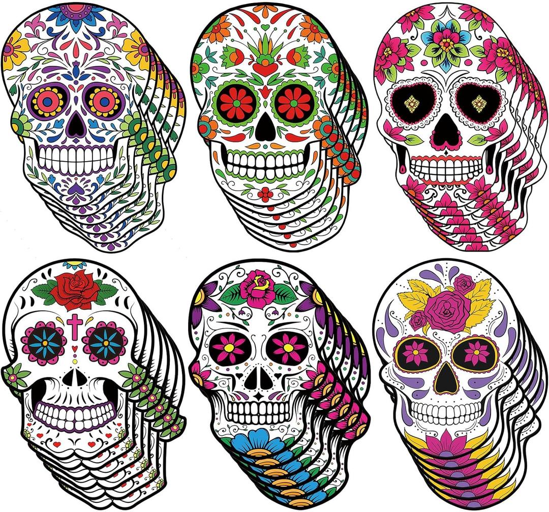 Tenceur 36 Pcs Large Day of The Dead Sugar Skull Cutouts for Dia De Muertos Decoration Sugar Skull Decorations for Mexican Halloween Theme Table Supplies Centerpiece Party Birthday Party Essentials