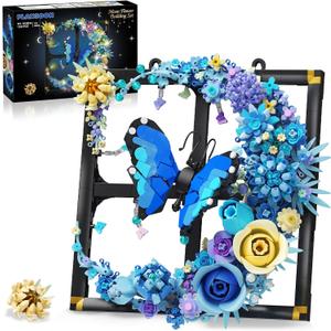 PLAXSOON Moon Flower Building Set with Lights, 1202 PCS Wall Botanical Flowers Building Block Kit with Butterfly, Floral Plant Office Home Decor, for Her Adults Women Boys Girls 12+