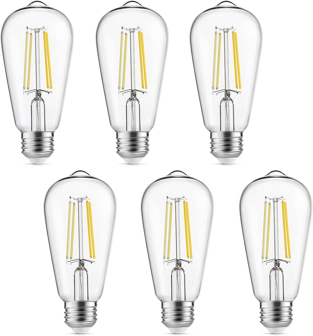 Vintage LED Edison Bulbs, 6W, Equivalent 60W, High Brightness Cool White 4000K, ST58 Antique LED Filament Bulbs with 90+ CRI, E26 Medium Base, Dimmable, Clear Glass, Pack of 6