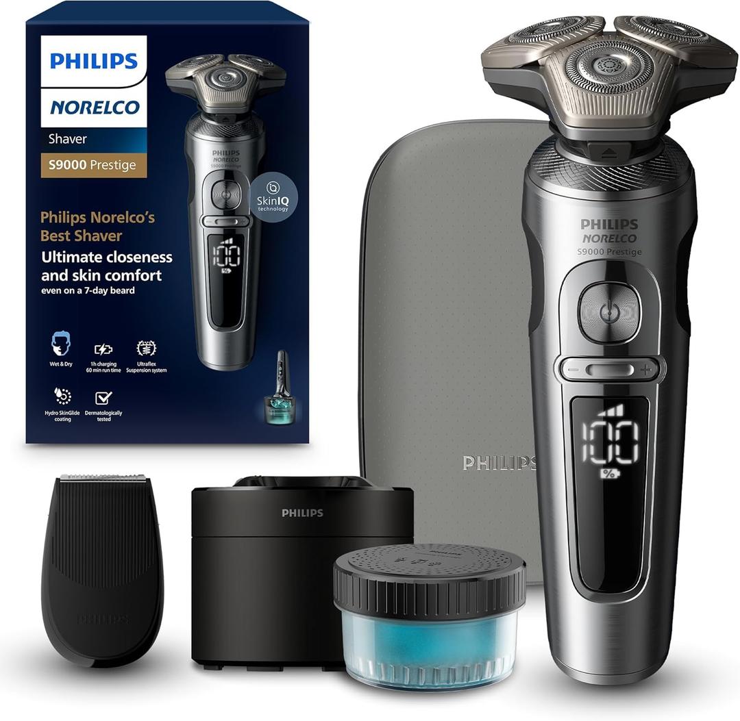 Philips Norelco S9000 Prestige Rechargeable Wet & Dry Electric Rotary Shaver with Precision Trimmer, Premium Case & Cleaning System, SP9841/84 (Gray)