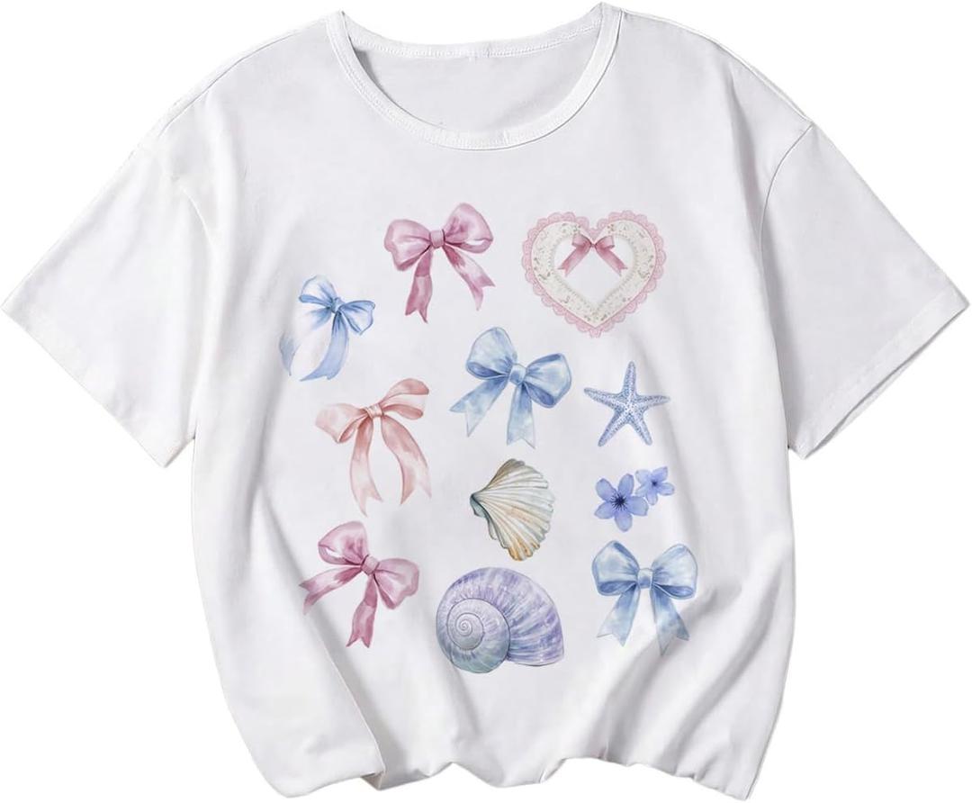 Girl's Bow Graphic Tees Crew Neck Short Sleeve Summer T Shirts Preppy Cute Clothes for Girls