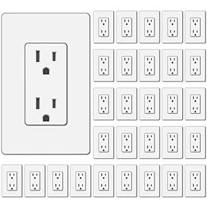 BESTTEN 30 Pack 15 Amp Decorator Receptacle Outlet, Standard Electrical Wall Outlet, Decor Screwless Wallplate Included, 15A/125V/1875W, Residential and Commercial Use, UL Listed, White
