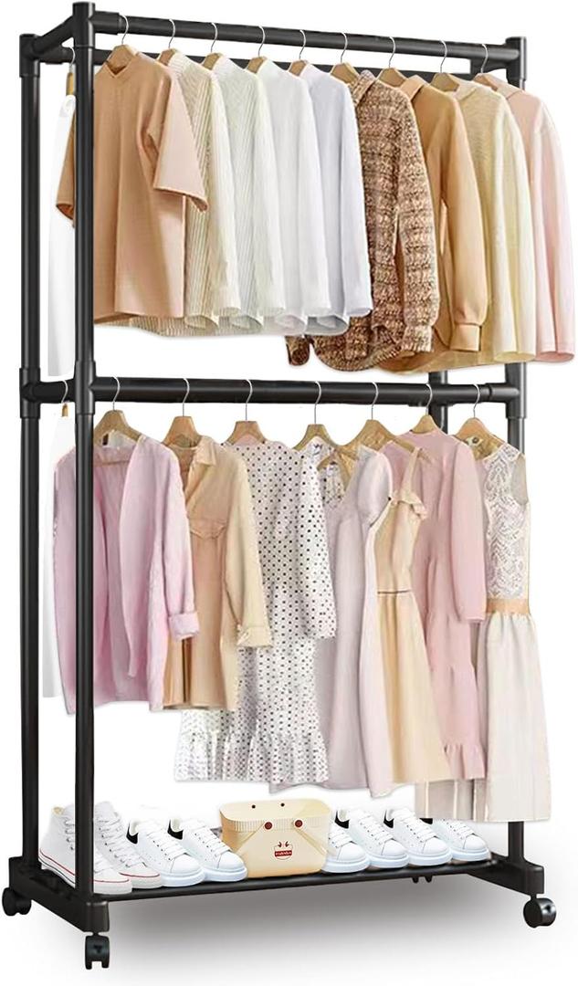 Clothing Racks for Hanging Clothes, Rolling Rack for Clothes, Garment Clothes Rack Portable Clothing Rack with Wheels Wardrobe Rack for Coats, Dress, Shirts (Black)